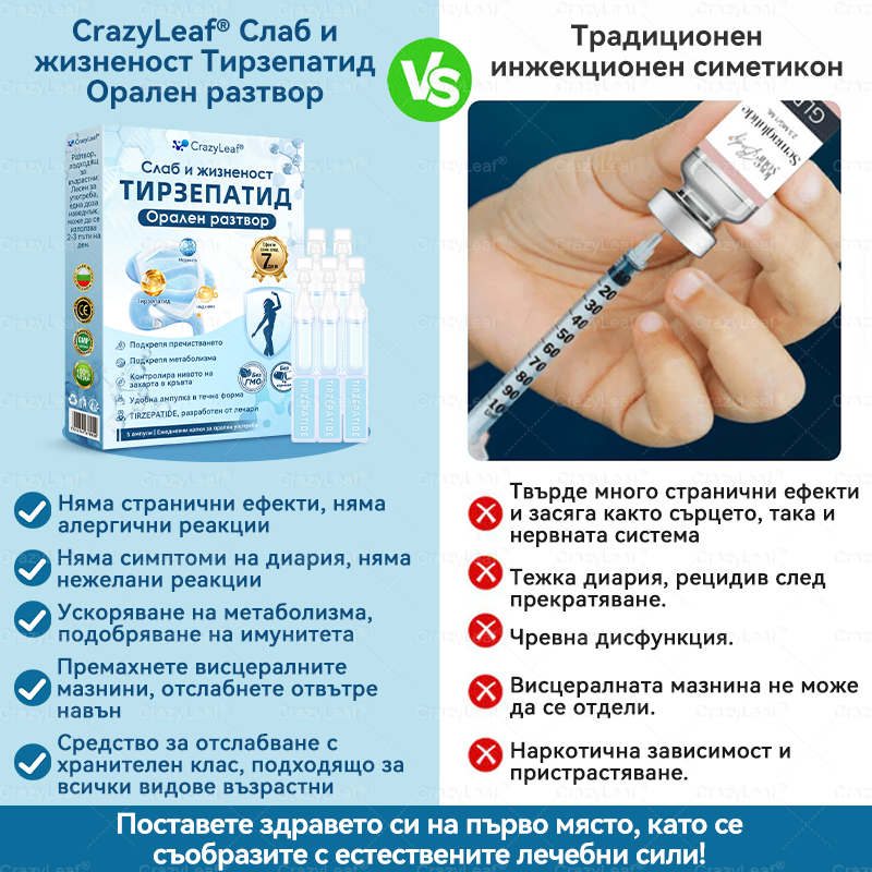 CrazyLeaf® Слим & Виталити Тирезепатид 8 в 1 – ❖ орален разтвор (Само веднъж на ден – видими резултати само за 7 дни) ✅ Подходящ за различни нужди: наднормено тегло, сърдечно-съдово здраве, диабет, сънна апнея, здраве на червата, ставни проблеми и други.